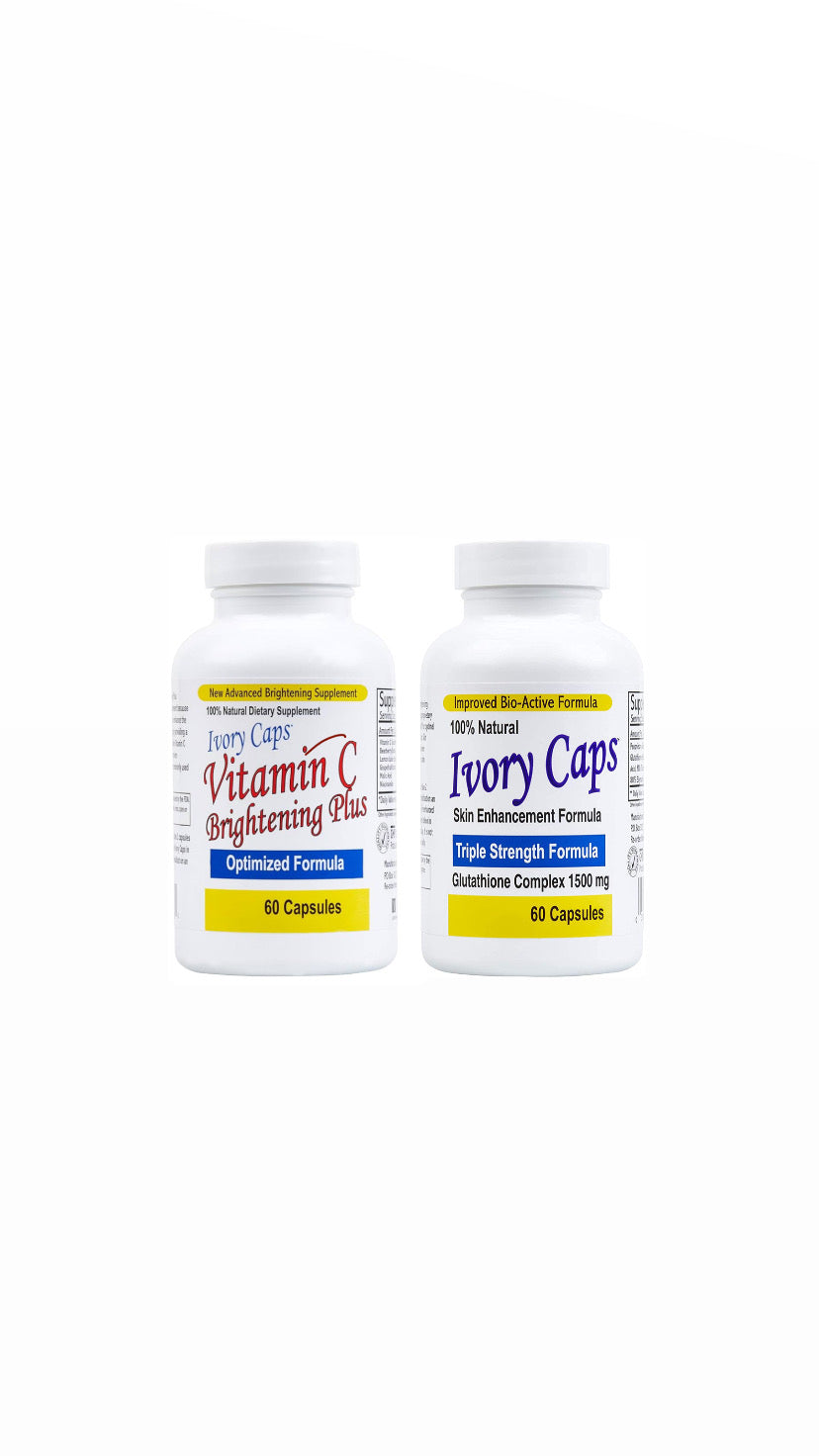 Ivory Caps Maximum Potency 1500 mg Glutathione Skin Whitening Pills Complex, 60 Capsules & Maximum Strength Vitamin C Brightening Plus 60 Caps |كورس التبييض المكون من  الجلوتاثيون وفيتامين سي