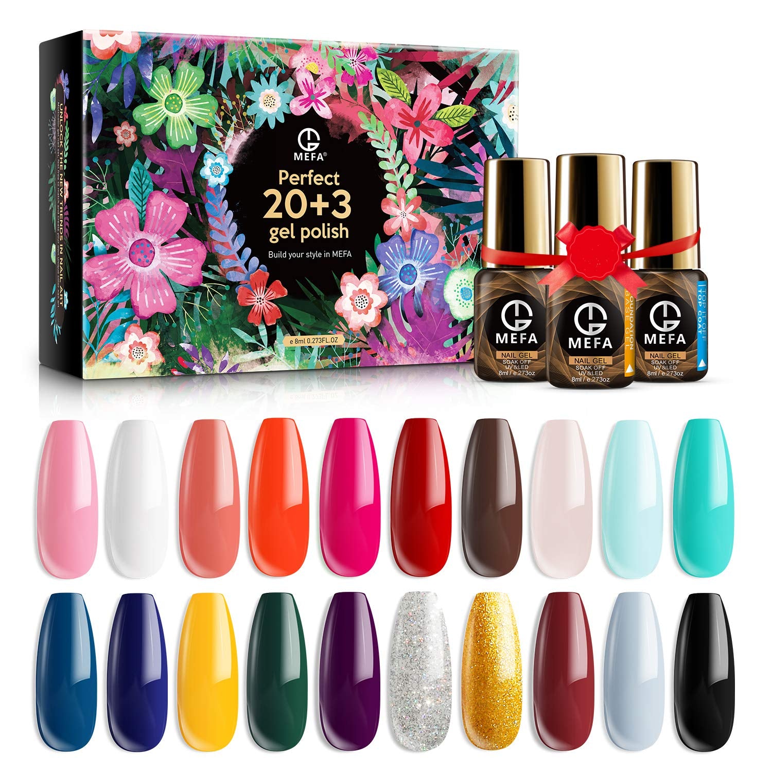 MEFA Gel Nail Polish Set 23 Pcs Gifts Box - Soak Off UV LED Color Gel Varnish | مجموعة طلاء اظافر بالاشعة فوق البنفسجية