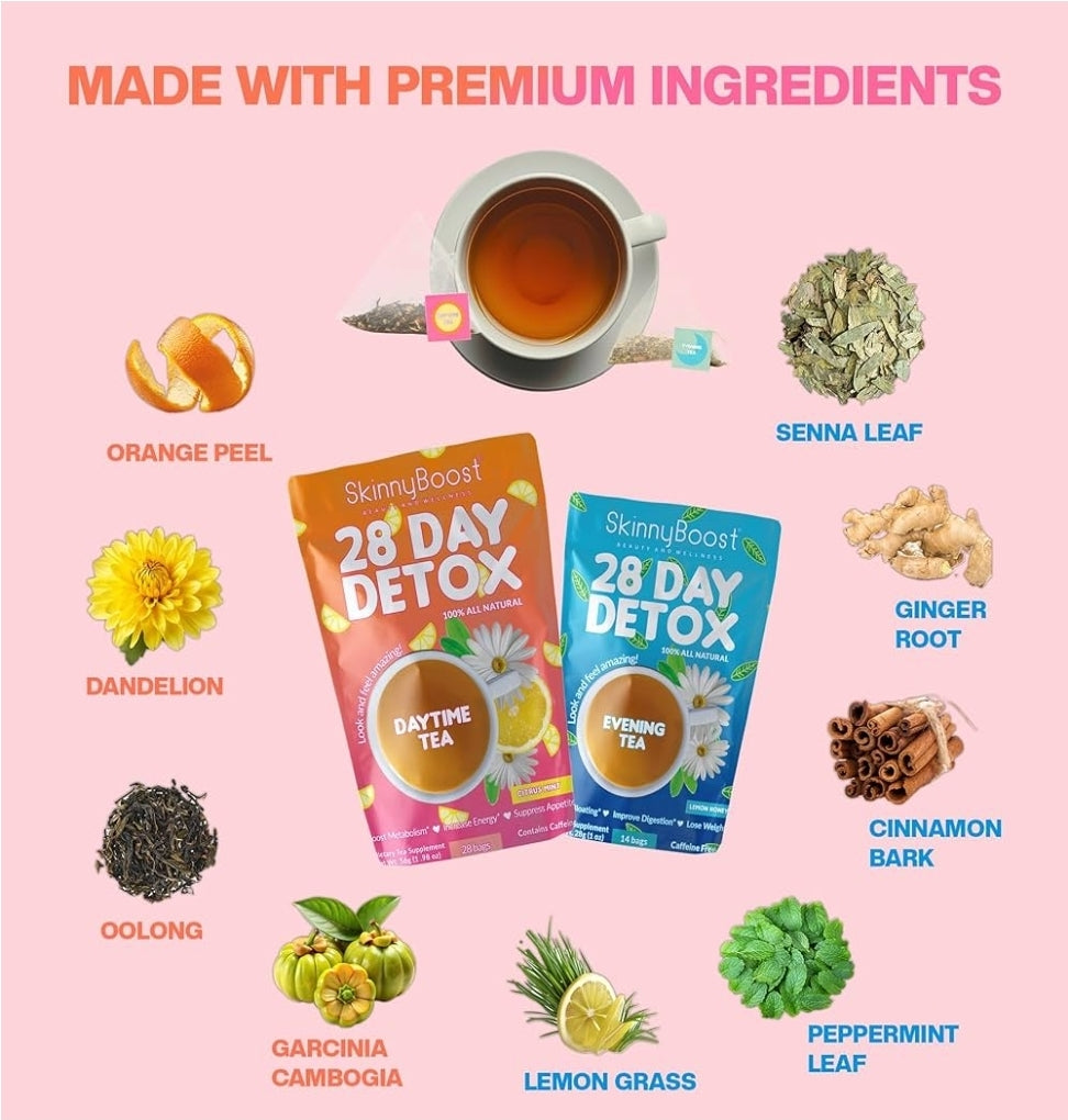 Skinny Boost 28 Day Detox Tea Kit – 2 Pack (Daytime & Evening)
سكيني بوست – باكيت شاي الديتوكس لمدة 28 يوم (شاي النهار + شاي المساء)