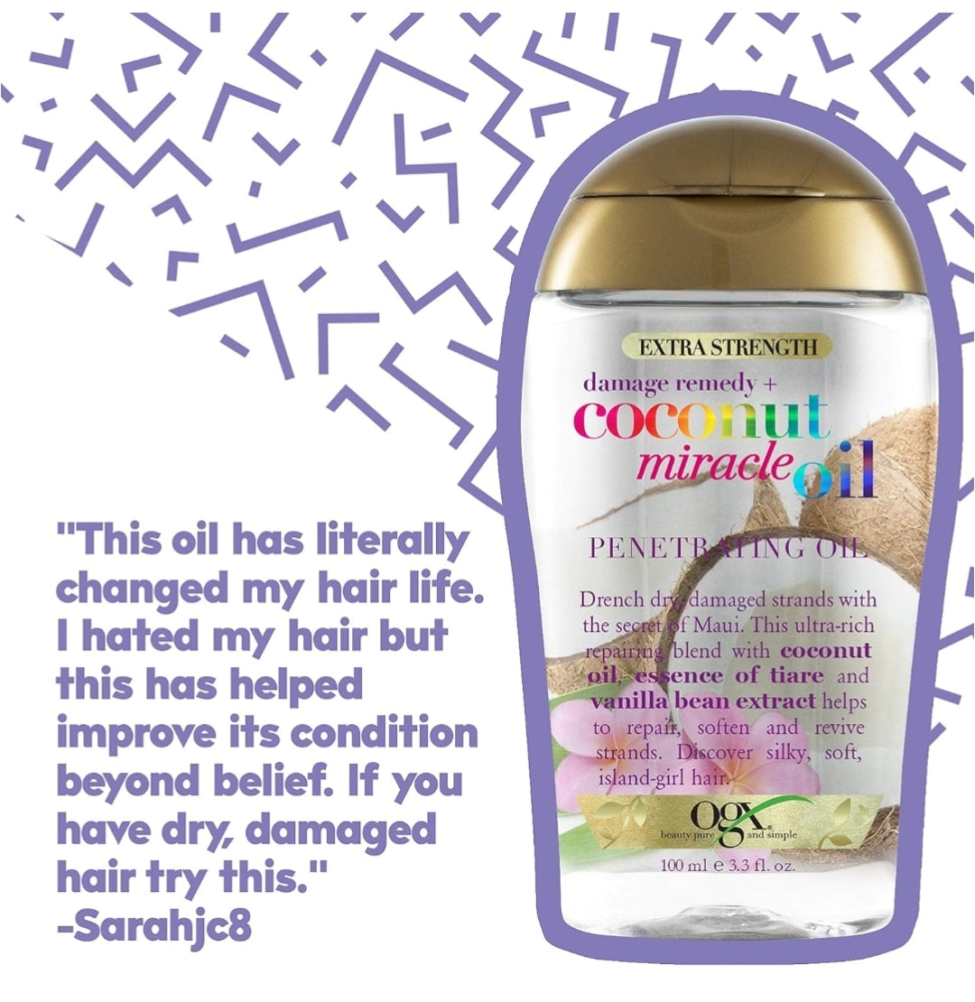 OGX Extra Strength Coconut Miracle Oil Hair Treatment – 100ml
زيت جوز الهند المعجزة من OGX – علاج وترطيب عميق للشعر 100مل