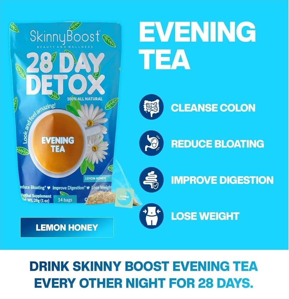 Skinny Boost 28 Day Detox Tea Kit – 2 Pack (Daytime & Evening)
سكيني بوست – باكيت شاي الديتوكس لمدة 28 يوم (شاي النهار + شاي المساء)