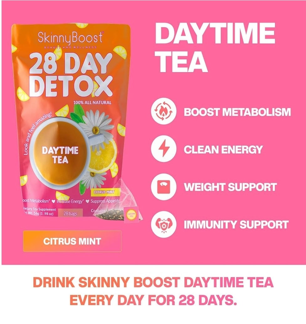 Skinny Boost 28 Day Detox Tea Kit – 2 Pack (Daytime & Evening)
سكيني بوست – باكيت شاي الديتوكس لمدة 28 يوم (شاي النهار + شاي المساء)